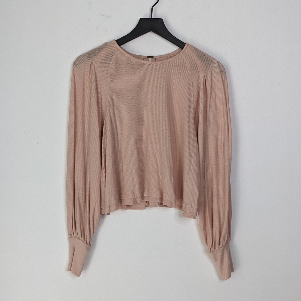 Free People Pink Billie Ribbed Blouson Sleeve Top